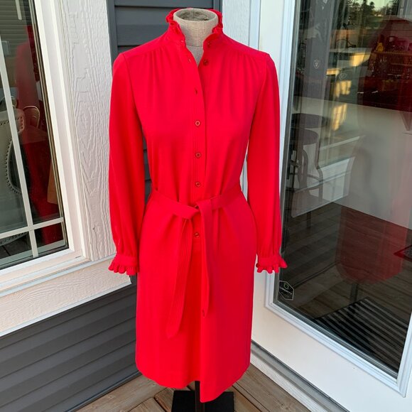 Vintage 70s Button Tie Front  Ruffle Trim Modest 60s Retro Secretary Dress - Picture 3 of 16